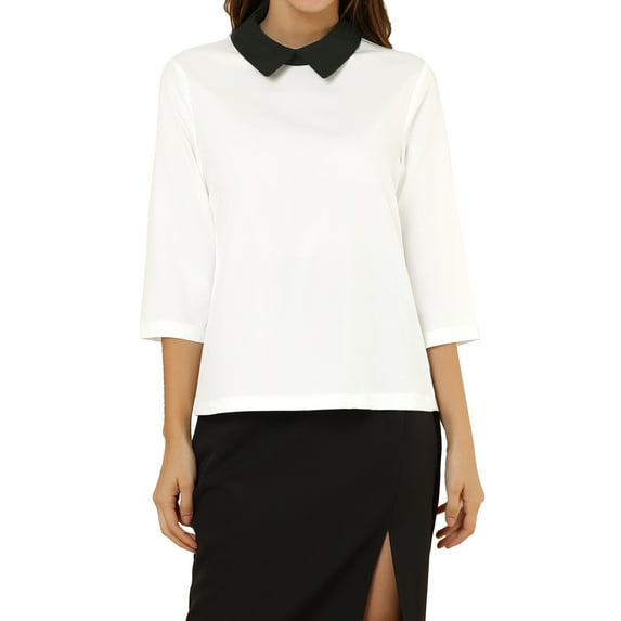 Allegra K Women 3/4 Sleeves Contrast Collar Blouse Tops