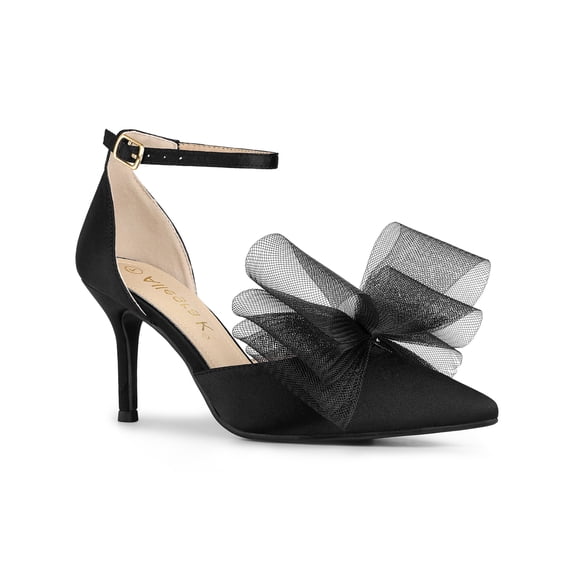 BLISSFUL STEP Women's Shoes Bow Tie Ankle Strap Stiletto Heel Pointy Toe Sandals Black 10