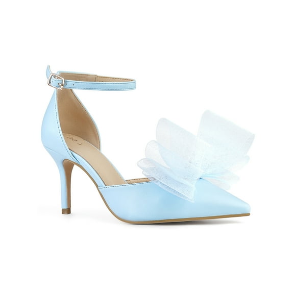 BLISSFUL STEP Easter Women's Shoes Bow Tie Ankle Strap Stiletto Heel Pointy Toe Sandals Sky Blue 8