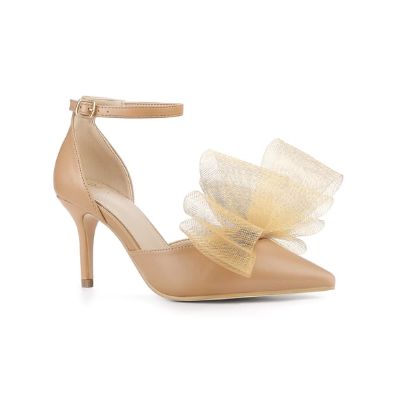 BLISSFUL STEP Women's Shoes Bow Tie Ankle Strap Stiletto Heel Pointy Toe Sandals Nude 7