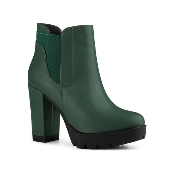 BLISSFUL STEP Women's Chelsea Boots Platform Block Cleated Sole Heel Dark Green 7.5
