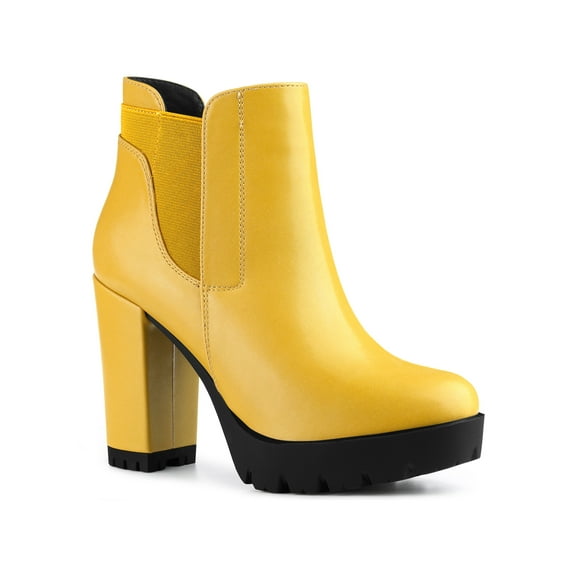 BLISSFUL STEP Women's Chelsea Boots Platform Block Cleated Sole Heel Yellow 7.5