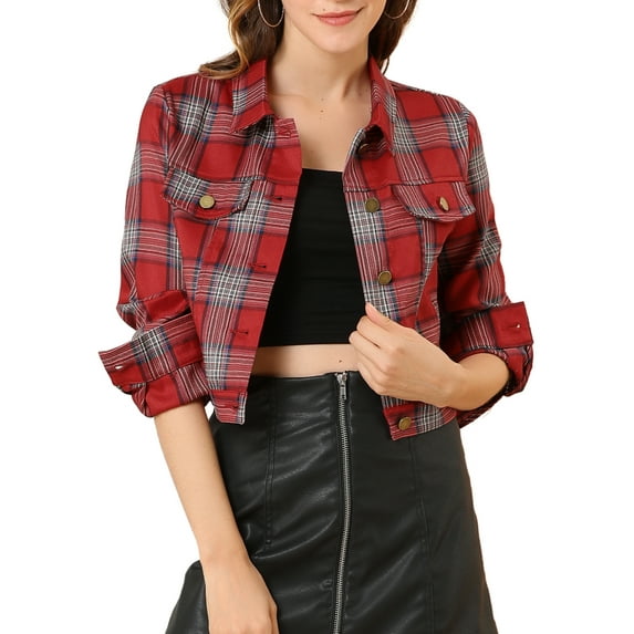Allegra K Women Classic Vintage Button Front Closure Chest Pocket Plaid Crop Jacket