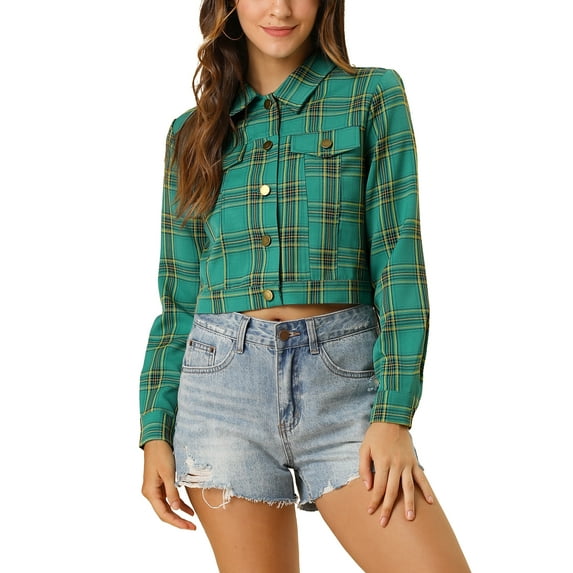 INSPIRE CHIC Women Classic Vintage Button Front Closure Chest Pocket Plaid Crop Jacket L Green