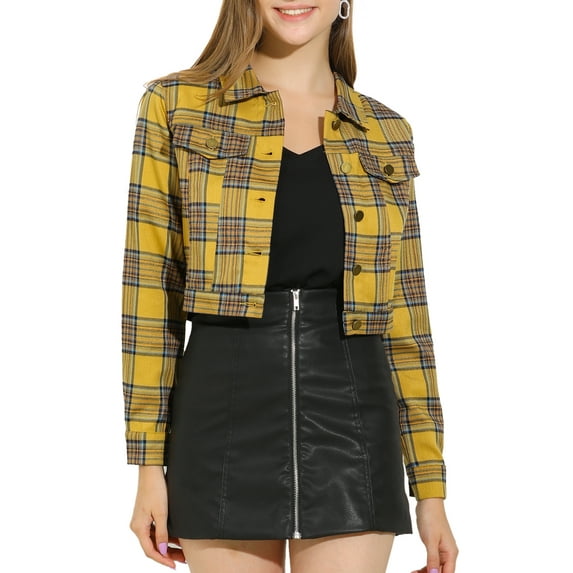 Allegra K Women Classic Vintage Button Front Closure Chest Pocket Plaid Crop Jacket