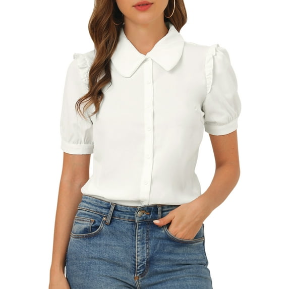 INSPIRE CHIC Women's Collared Top Peter Pan Collar Short Sleeve Button Front Shirts L White