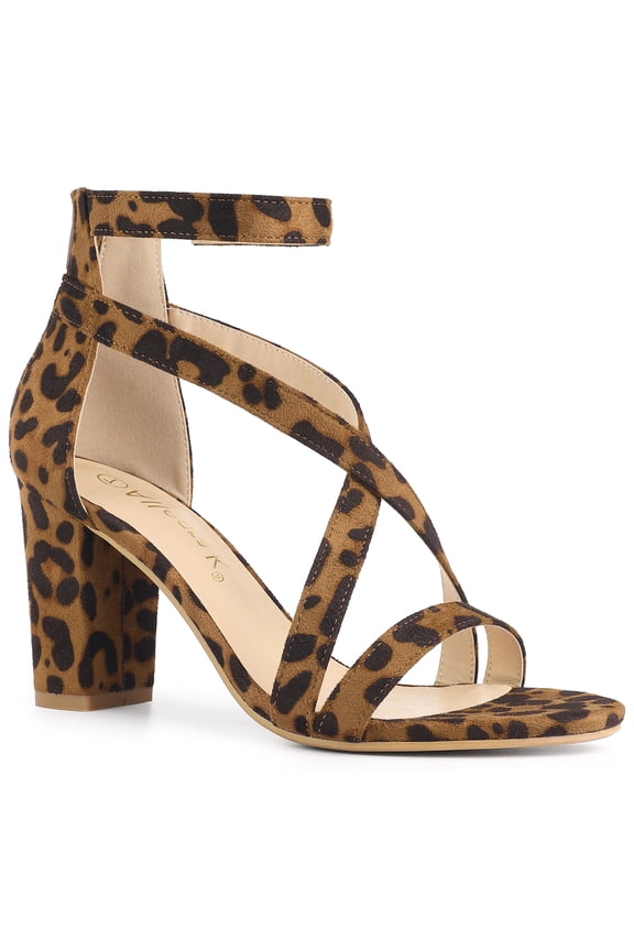 Women Crisscross Ankle Strap Block Heel Sandals Leopard 7