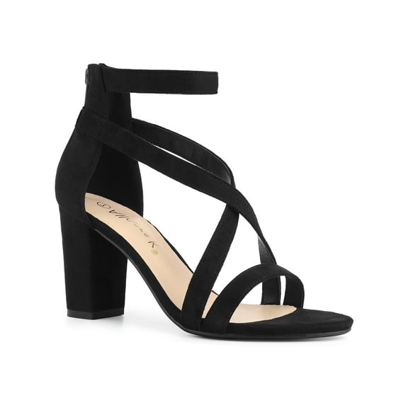 BLISSFUL STEP Women Crisscross Ankle Strap Block Heel Sandals Black 7