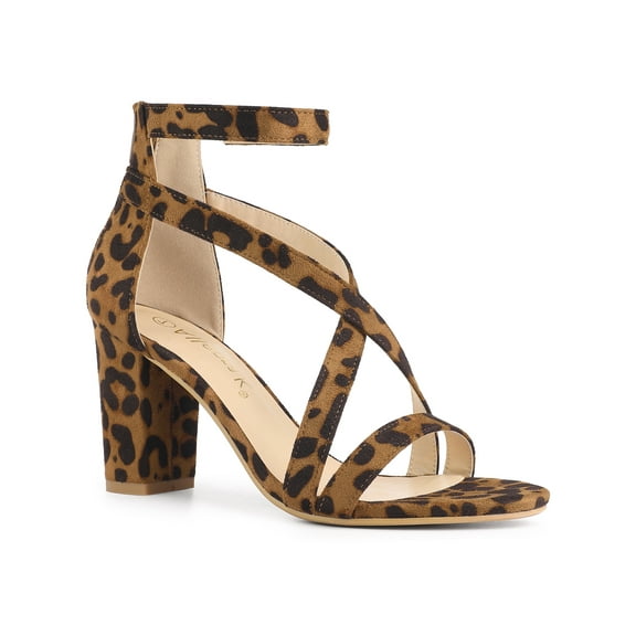 BLISSFUL STEP Women Crisscross Ankle Strap Block Heel Sandals Leopard 7.5