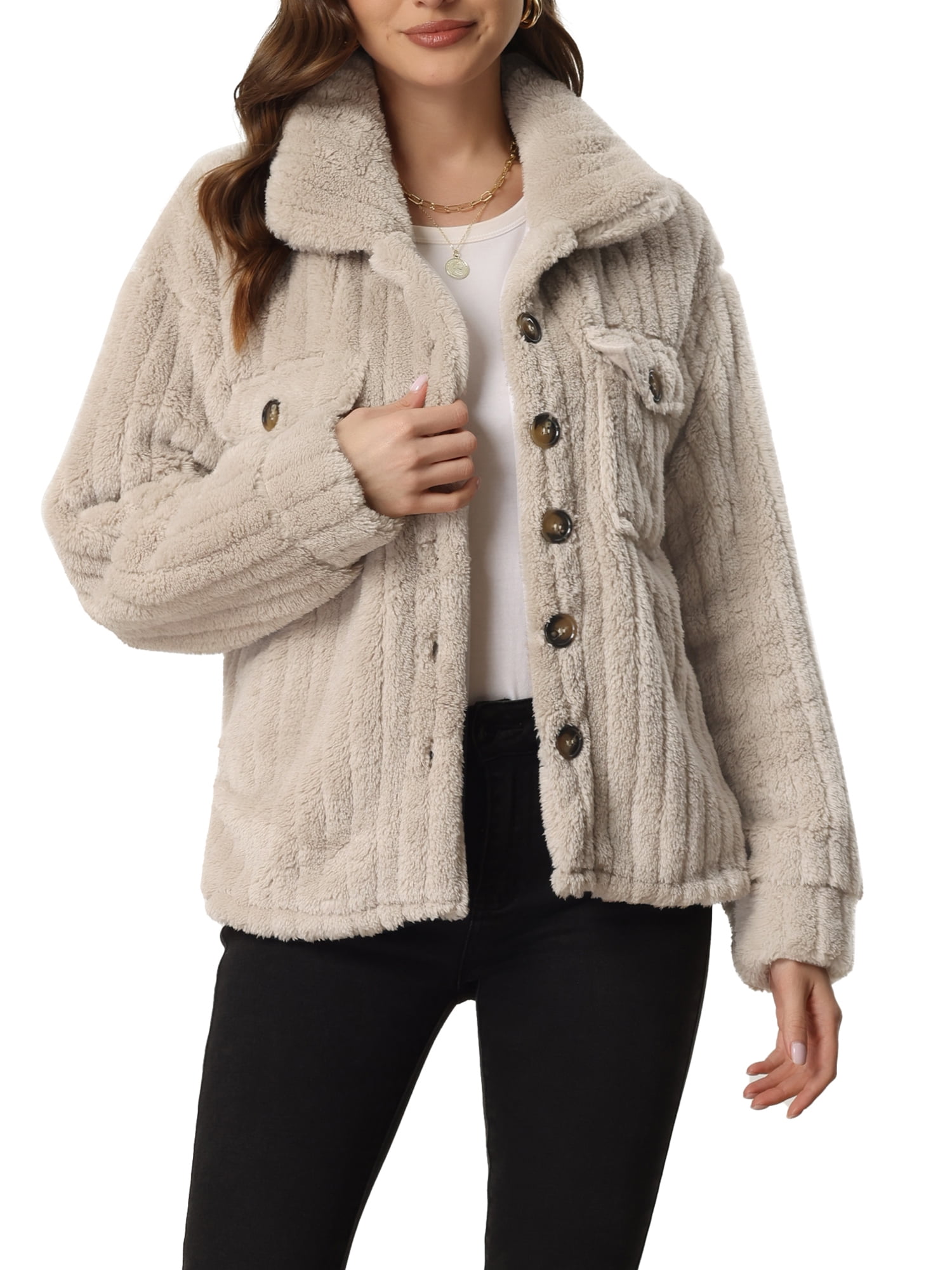 Allegra K Women Fleece Jacket 2023 Fall Winter Button Down Long Sleeve ...