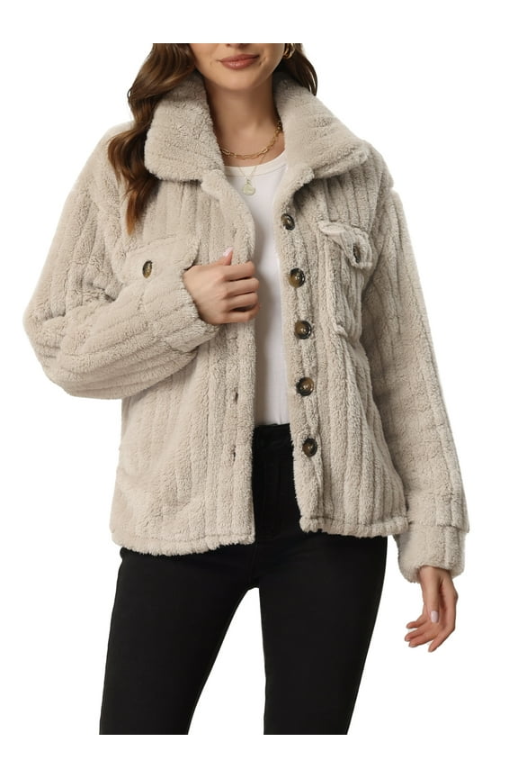 Women Fleece Jacket 2023 Fall Winter Button Down Long Sleeve Soft Fuzzy Shaggy Teddy Coats Jackets Khaki L