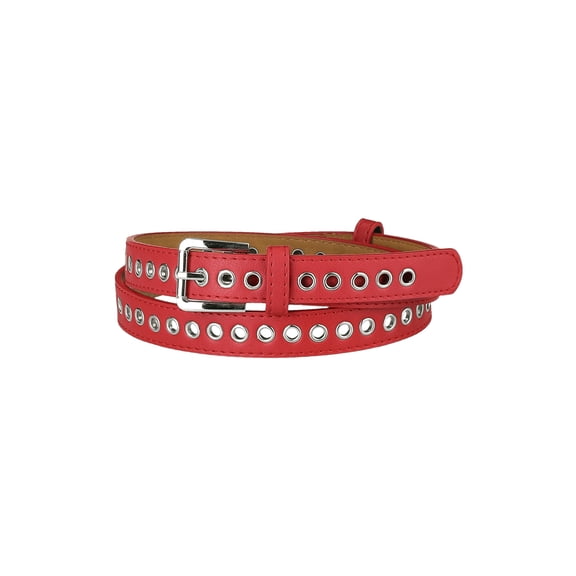 INSPIRE CHIC Women Grommet PU Leather Belt Metal Pin Buckle Skinny Plus Size Waist Belts for Jeans Dress Fit waist up to 104cm/41" Red