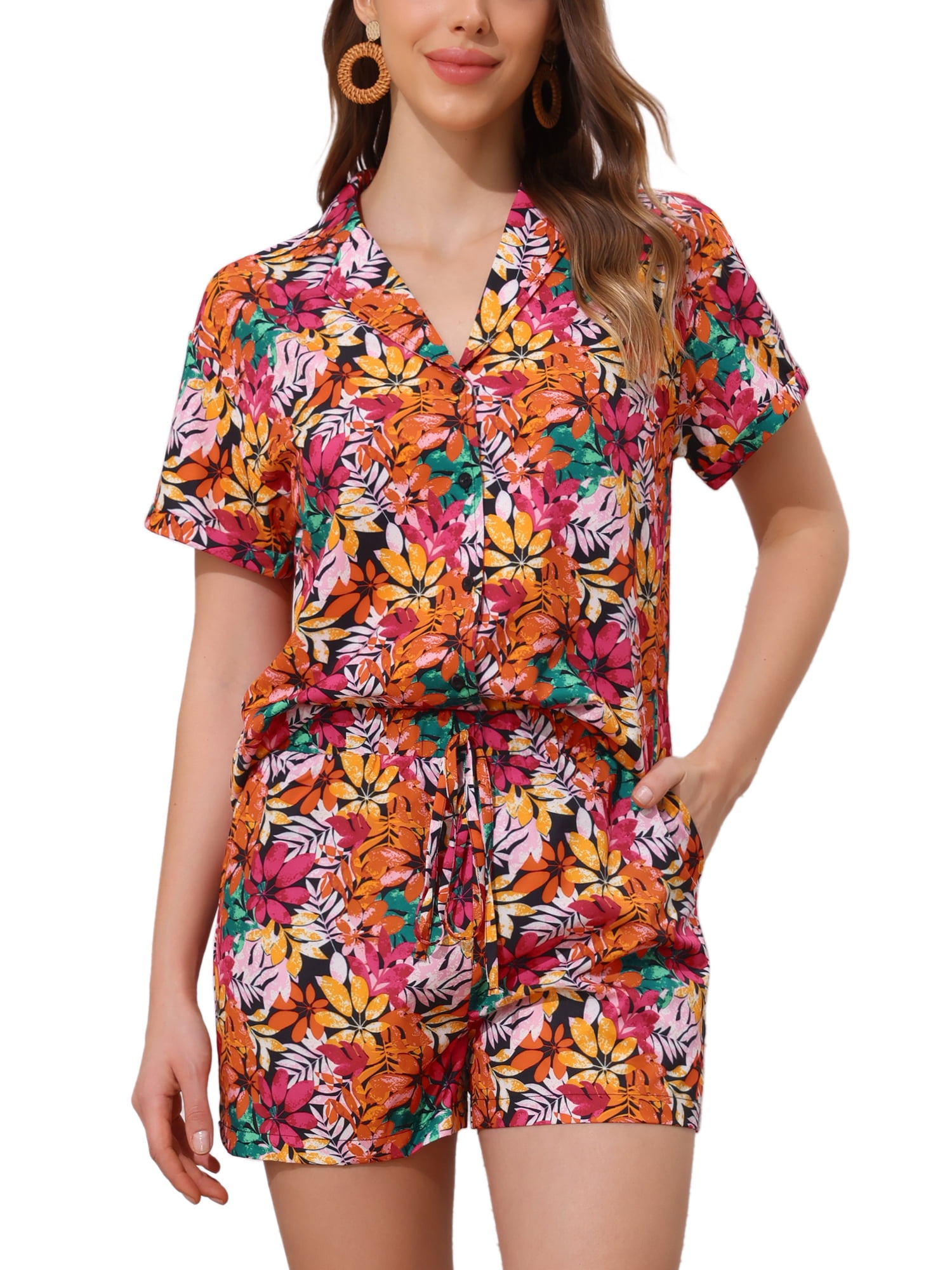 Chic Women Tropical Collar Two-Piece Shorts Set