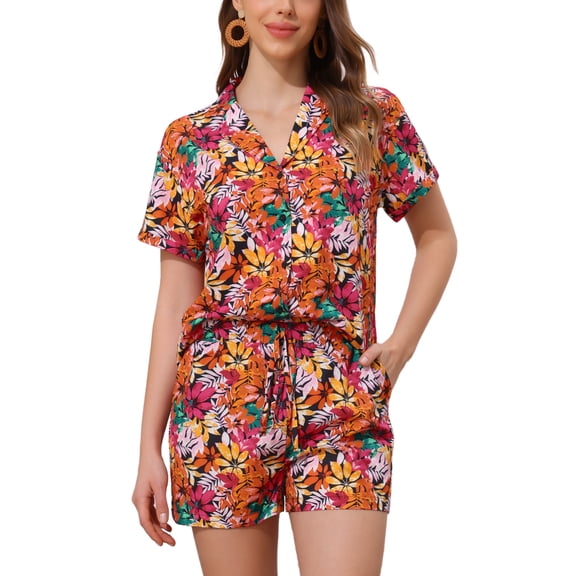 Women Hawaiian Sets 2 Pieces Floral Button Down Shirt and Shorts Tropical Vacation Beach Casual Outfits 2025 S Orange Pink