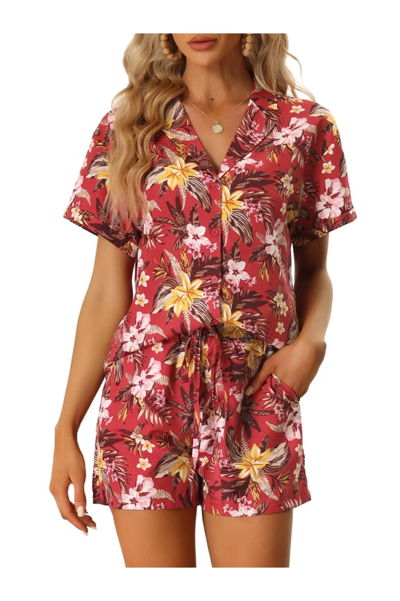 Women Hawaiian Sets 2 Pieces Floral Button Down Shirt and Shorts Tropical Vacation Beach Casual Outfits 2025 XL Red