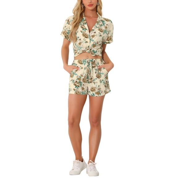Women Hawaiian Sets 2 Pieces Floral Button Down Shirt and Shorts Tropical Vacation Beach Casual Outfits 2025 XS Beige