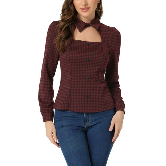 INSPIRE CHIC Women Houndstooth Print Choker Neck Puff Long Sleeve Elegant Casual Blouse Top M Dark Red