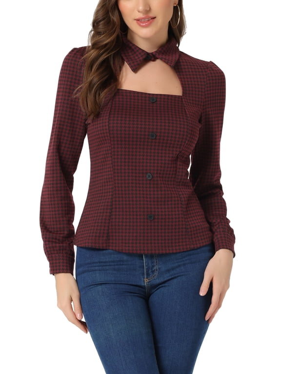 Women Houndstooth Print Choker Neck Puff Long Sleeve Elegant Casual Blouse Top M Dark Red