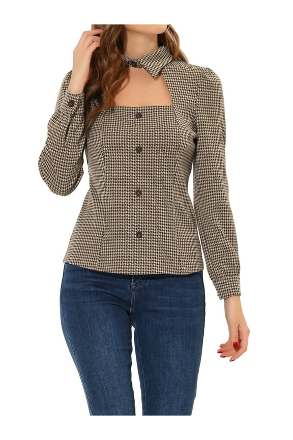 Women Houndstooth Print Choker Neck Puff Long Sleeve Elegant Casual Blouse Top S Brown