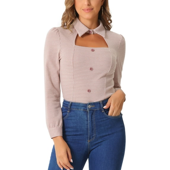INSPIRE CHIC Women Houndstooth Print Choker Neck Puff Long Sleeve Elegant Casual Blouse Top L Pink