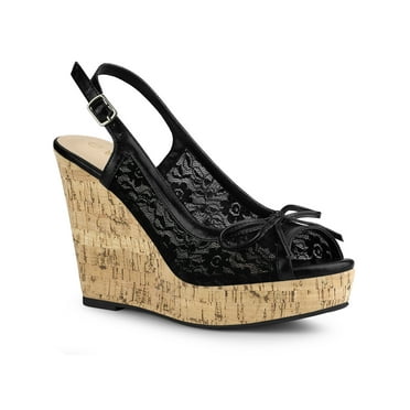 BLISSFUL STEP Women Lace Platform Wedges Wedge Heel Sandals Black (Size 5.5)