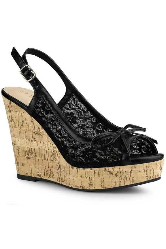 Women's Shoes Floral Lace Platform Peep Toe Wedge Heel Sandals Black 6