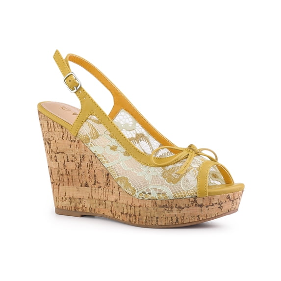 BLISSFUL STEP Women's Shoes Floral Lace Platform Peep Toe Wedge Heel Sandals Mustard Yellow 9
