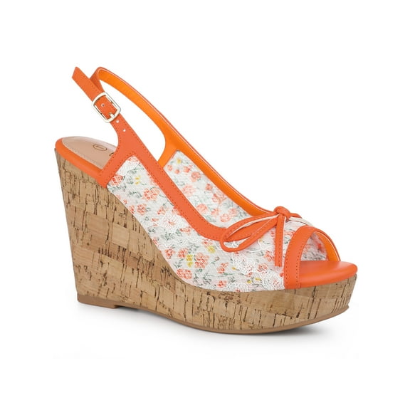 BLISSFUL STEP Women's Shoes Floral Lace Platform Peep Toe Wedge Heel Sandals Orange Flower 6