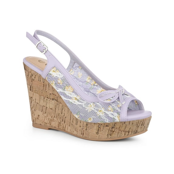 BLISSFUL STEP Women's Shoes Floral Lace Platform Peep Toe Wedge Heel Sandals Purple Yellow 7