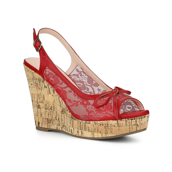 BLISSFUL STEP Women's Shoes Floral Lace Platform Peep Toe Wedge Heel Sandals Red 7