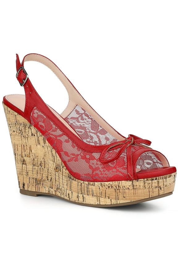 Women's Shoes Floral Lace Platform Peep Toe Wedge Heel Sandals Red 9