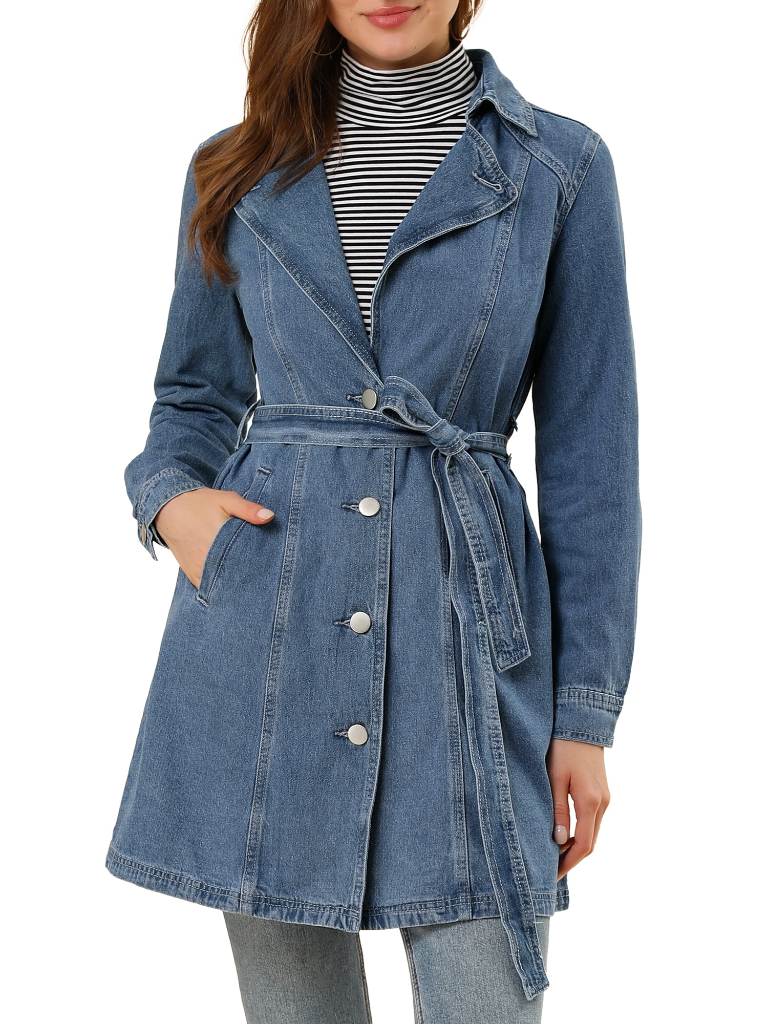 Allegra K Women's Notched Lapel Long Sleeves Button Belted Long Denim Jacket