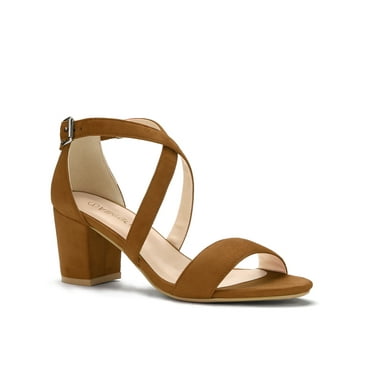 BLISSFUL STEP Women Open Toe Cross Strap Mid Block Heel Sandals Brown (Size 6)
