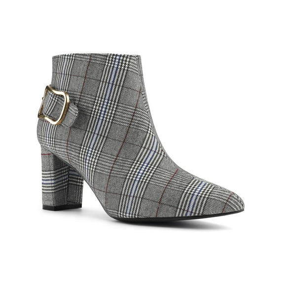 BLISSFUL STEP Women Plaid Point Toe Side Zip Block Heels Ankle Boots Black White 9