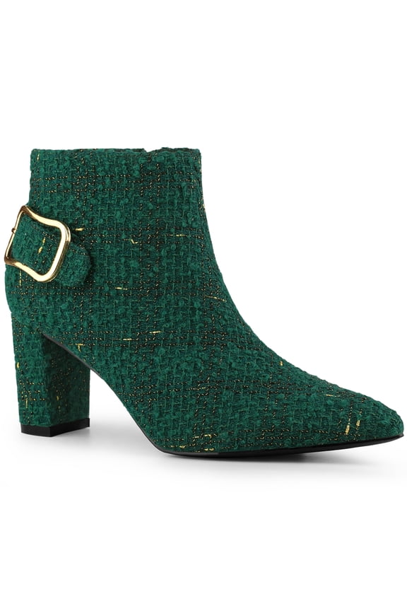Women Plaid Point Toe Side Zip Block Heels Ankle Boots Green 8
