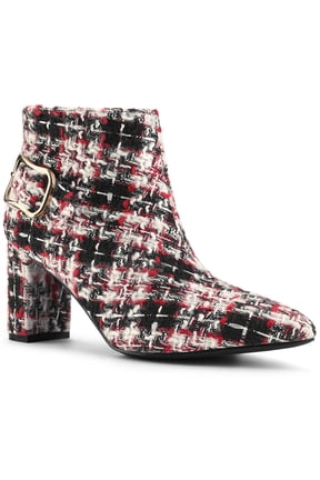 Women Plaid Point Toe Side Zip Block Heels Ankle Boots Red Black 9