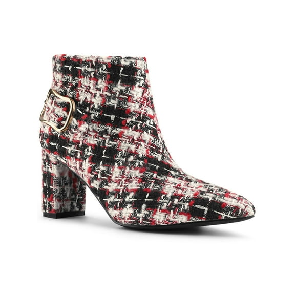 BLISSFUL STEP Women Plaid Point Toe Side Zip Block Heels Ankle Boots Red Black 9