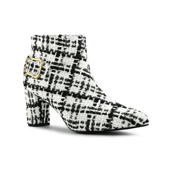 BLISSFUL STEP Women Plaid Point Toe Side Zip Block Heels Ankle Boots White Black1 7