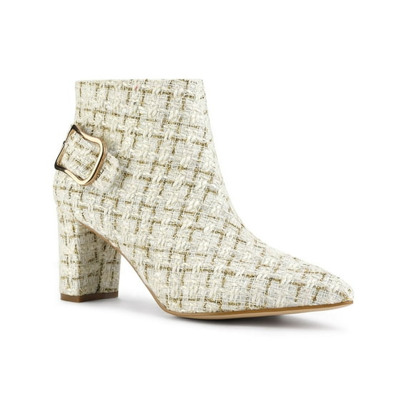 BLISSFUL STEP Women Plaid Point Toe Side Zip Block Heels Ankle Boots White Gold 7