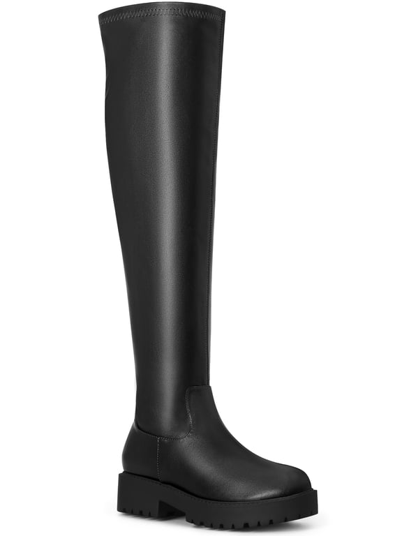 Women's Platform Lug Sole Zipper Over the Knee High Boots Black 10