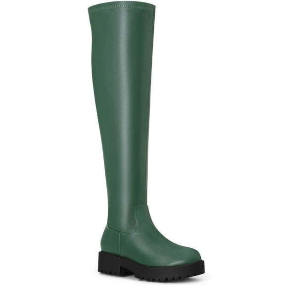 BLISSFUL STEP Women's Platform Lug Sole Zipper Over the Knee High Boots Dark Green 7