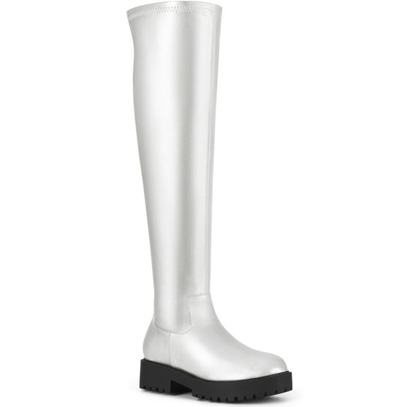 BLISSFUL STEP Women's Platform Lug Sole Zipper Over the Knee High Boots Silver 9