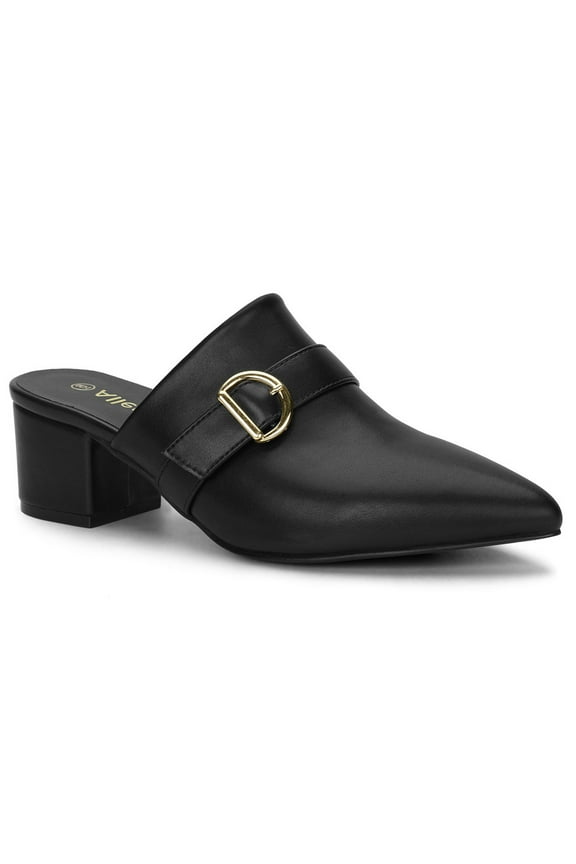 Women's Shoes Buckle Strap Pointed Toe Chunky Heel PU Vamp Mule Shoes Black 10