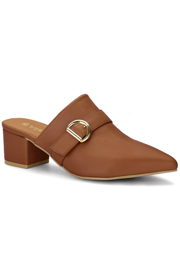 Women's Shoes Buckle Strap Pointed Toe Chunky Heel PU Vamp Mule Shoes Brown 10
