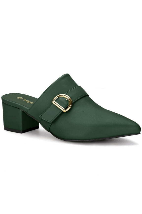 Women's Shoes Buckle Strap Pointed Toe Chunky Heel PU Vamp Mule Shoes Dark Green 7
