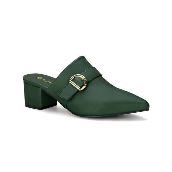 BLISSFUL STEP Women's Shoes Buckle Strap Pointed Toe Chunky Heel PU Vamp Mule Shoes Dark Green 9