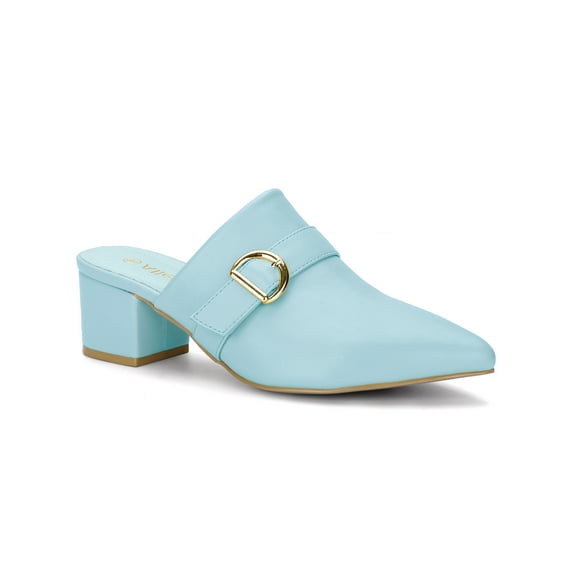 BLISSFUL STEP Women's Shoes Buckle Strap Pointed Toe Chunky Heel PU Vamp Mule Shoes Sky Blue 6
