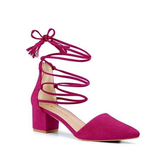 BLISSFUL STEP Women Pointed Toe Block Heels Lace Up Pumps Hot Pink 5