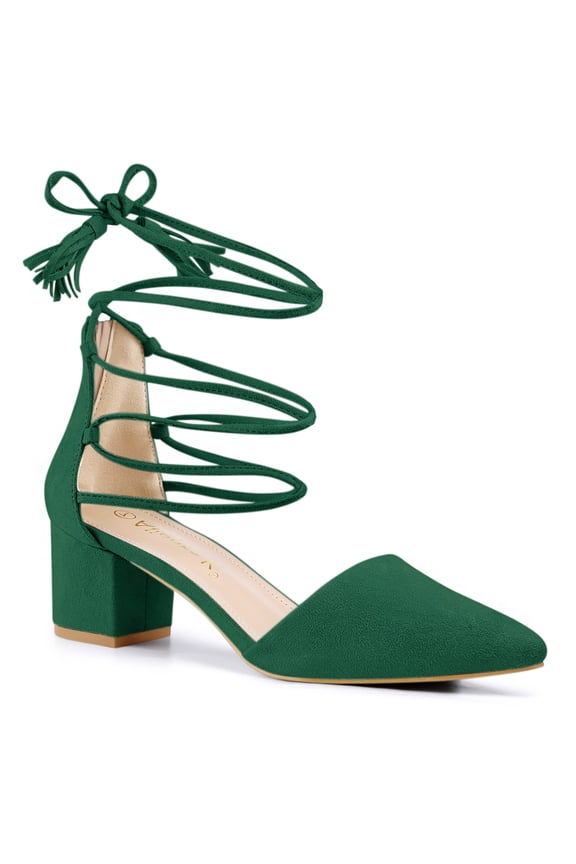 Women Pointed Toe Block Heels Lace Up Pumps Emerald Green 10
