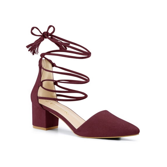 BLISSFUL STEP Women Pointed Toe Block Heels Lace Up Pumps Burgundy 5